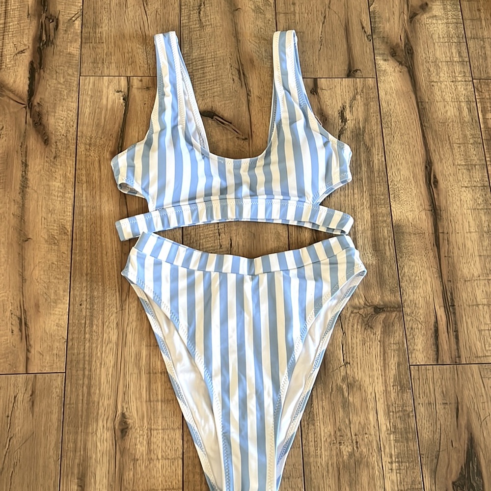 Blue and white striped high waisted bikini
